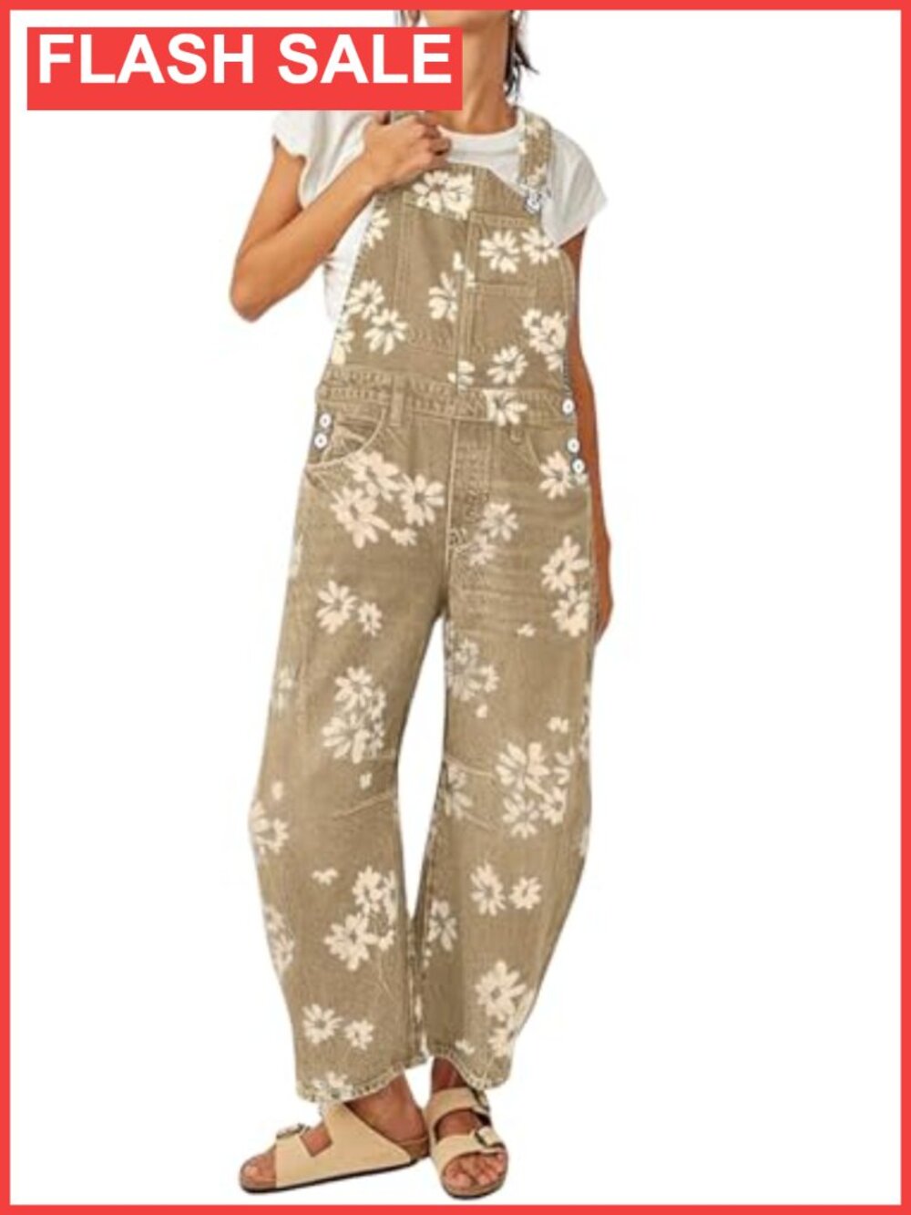 loveimgs Floral Print Denim Overalls Baggy Barrel Jeans Wide Leg Jumpsuit